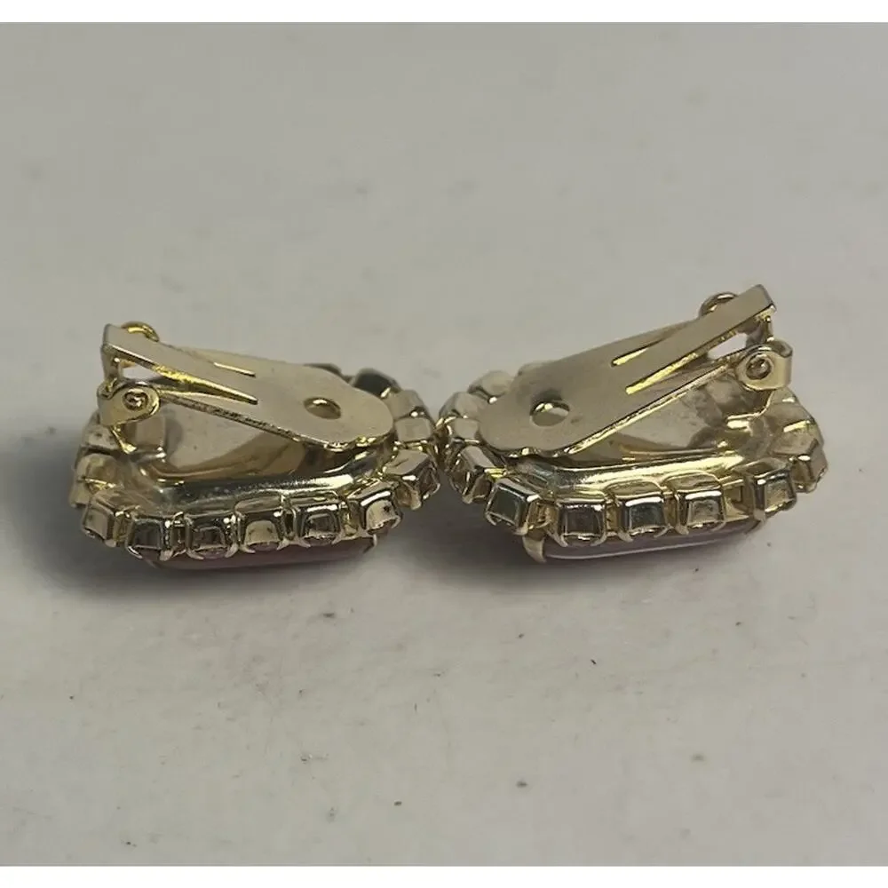 Pink Moonstone Art Glass Rhinestones Clip On Earrings 50s 60s MCM Mod Gold Tone